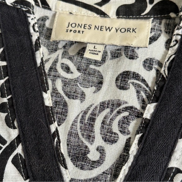 Jones New York Women's Black White Linen Tunic Top Blouse Large - Picture 2 of 4